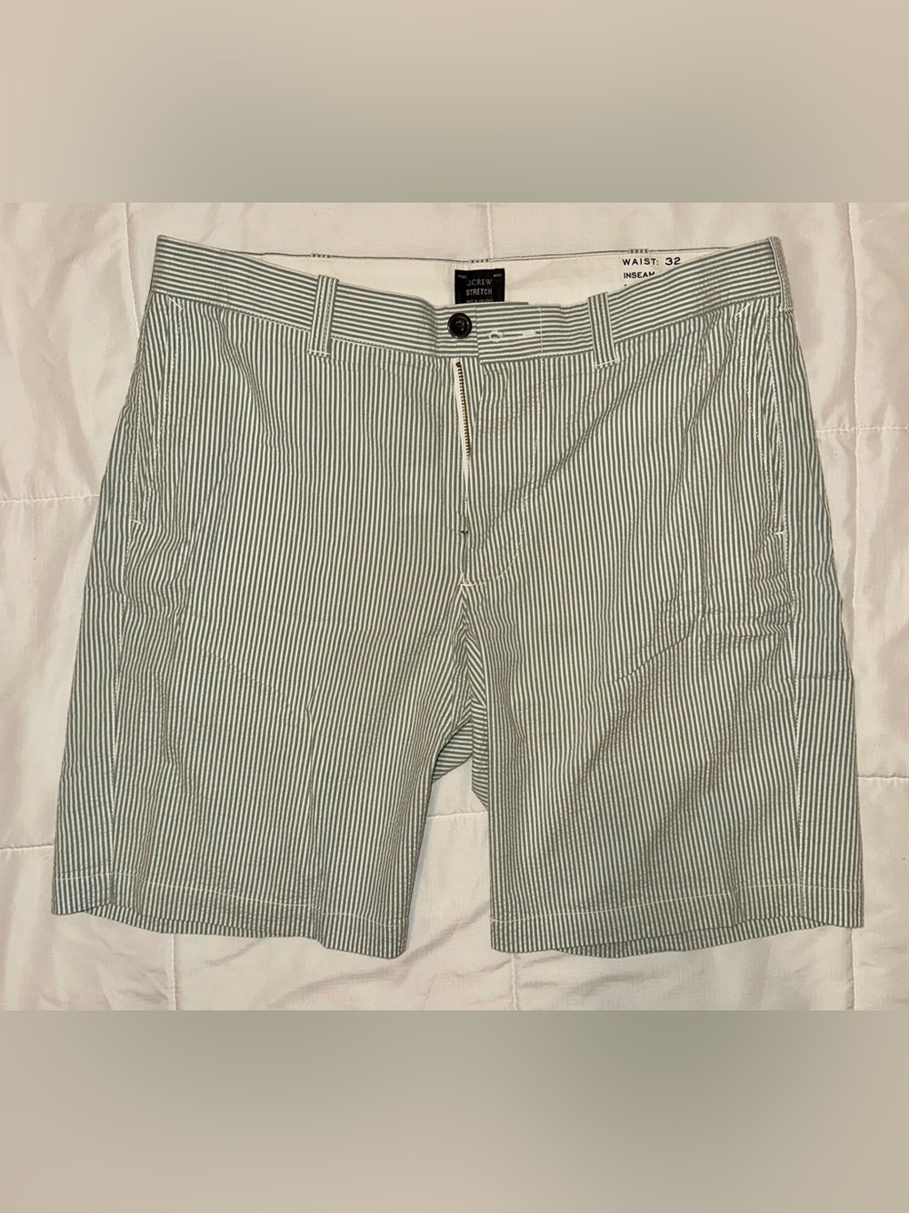 J. Crew Green and White Striped Seersucker Shorts